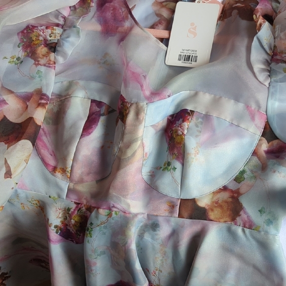 Blue and Purple Floral Midi Dress with Ruffled High Collar - Picture 2 of 7